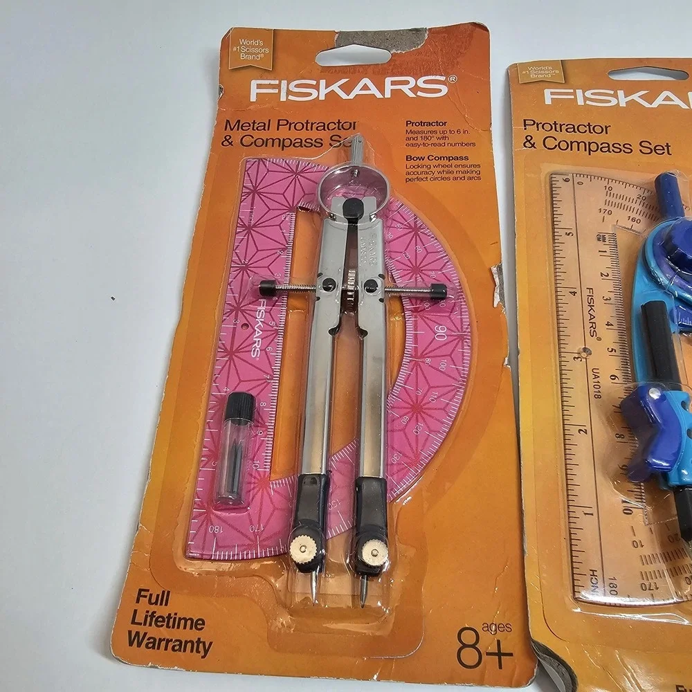 Fiskars Compass Protractor Set‎ Lot One Metal One Plastic Geometry Kit New